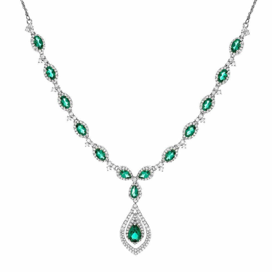 Necklace * | Prefential Price Lab Created Emerald & White Sapphire Necklace In Sterling Silver