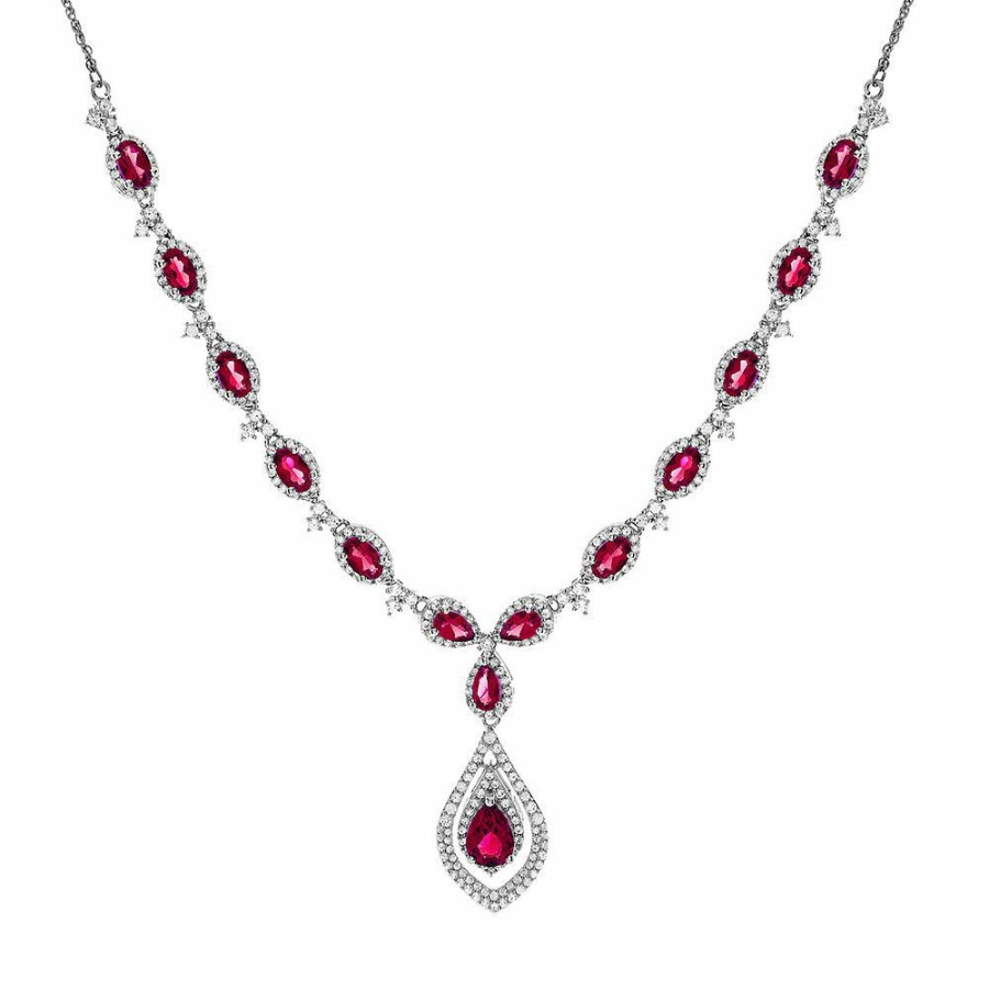 Pendants * | Sales Online Lab Created Ruby & Lab Created White Sapphire Drop Pendant In Sterling Silver