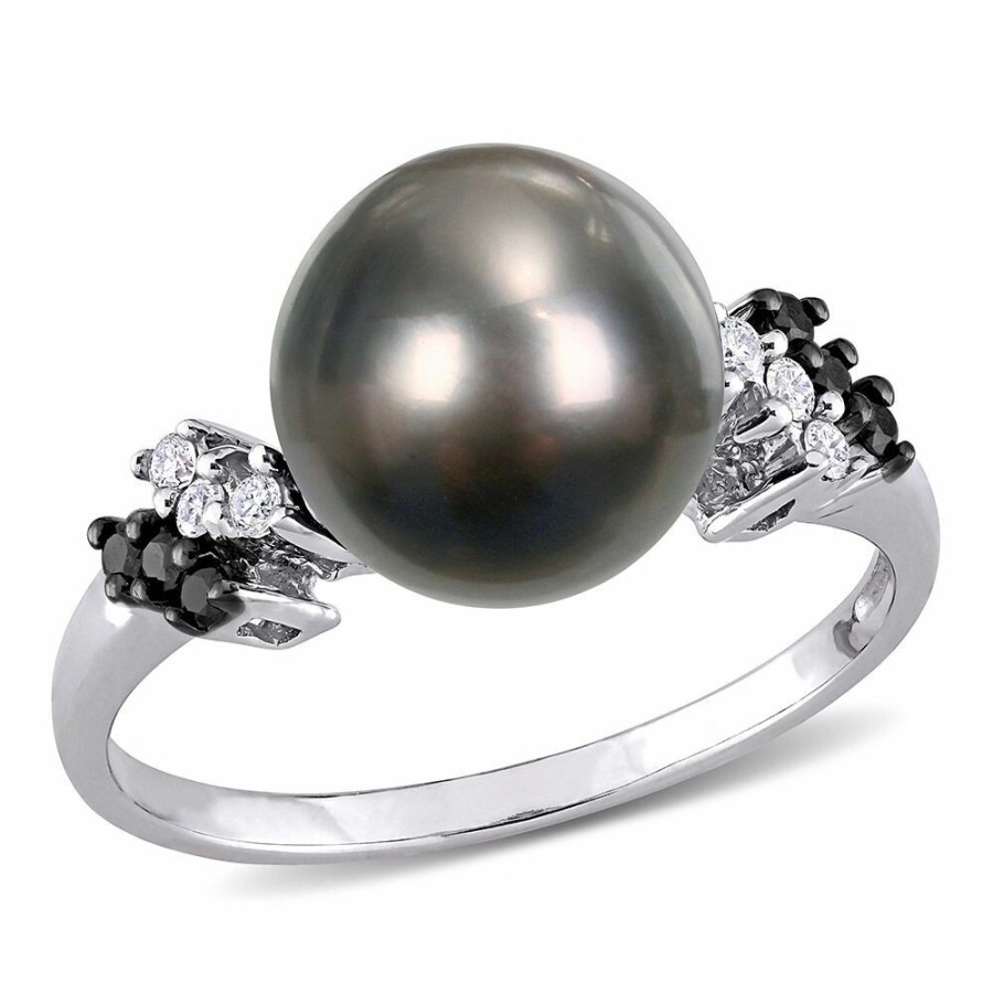 Rings * | Discount Online Black Tahitian Pearl & 1/8 Ct. Tw. Diamond Ring In 10K White Gold