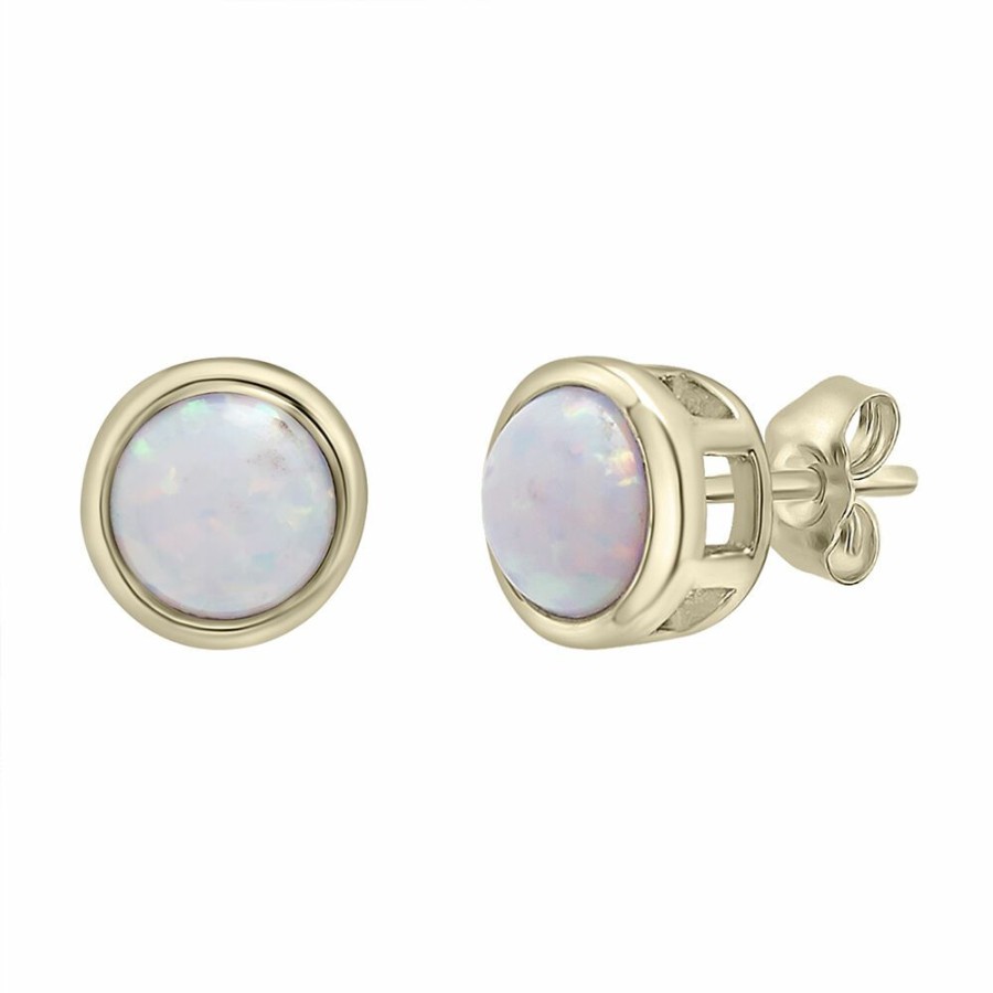 Earrings * | Special Price Lab Created Opal Stud Earrings With Round Shape In 10K Yellow Gold