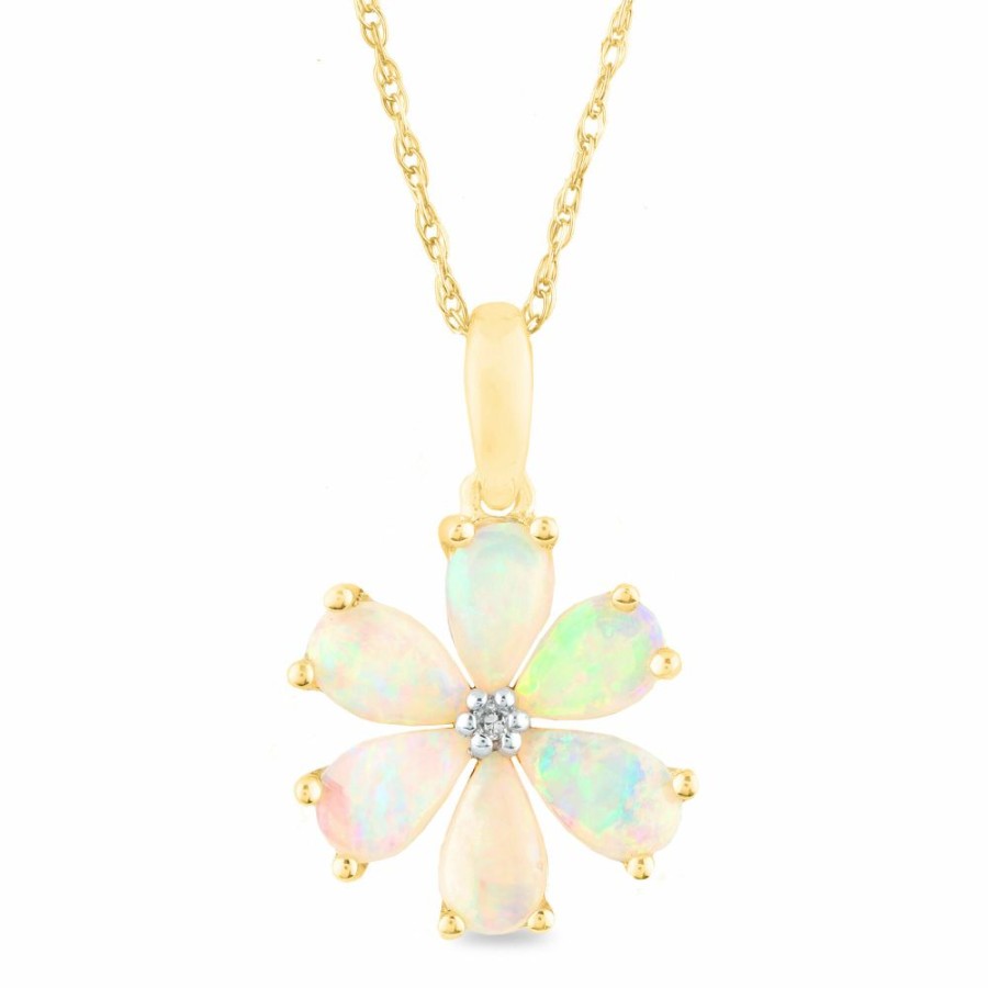 Pendants * | Prefential Price Opal And Diamond Accent Flower Pendant In 10K Yellow Gold