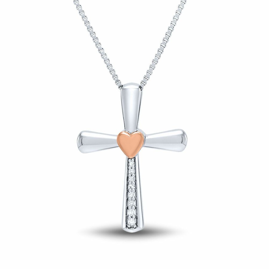 Pendants * | Prefential Price Diamond Cross Pendant In Sterling Silver & 14K Rose Gold