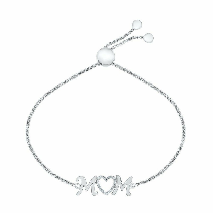 Bracelets * | Clearance Diamond "Mom" Heart Bolo Bracelet In Sterling Silver