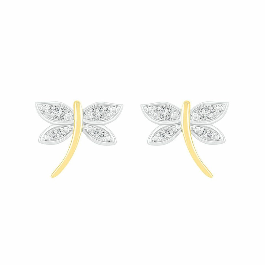 Earrings * | Special Offer Diamond Dragonfly Earrings In Sterling Silver & 10K Yellow Gold