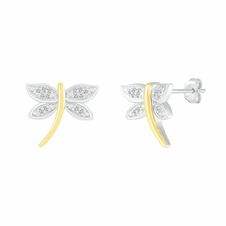 Earrings * | Special Offer Diamond Dragonfly Earrings In Sterling Silver & 10K Yellow Gold