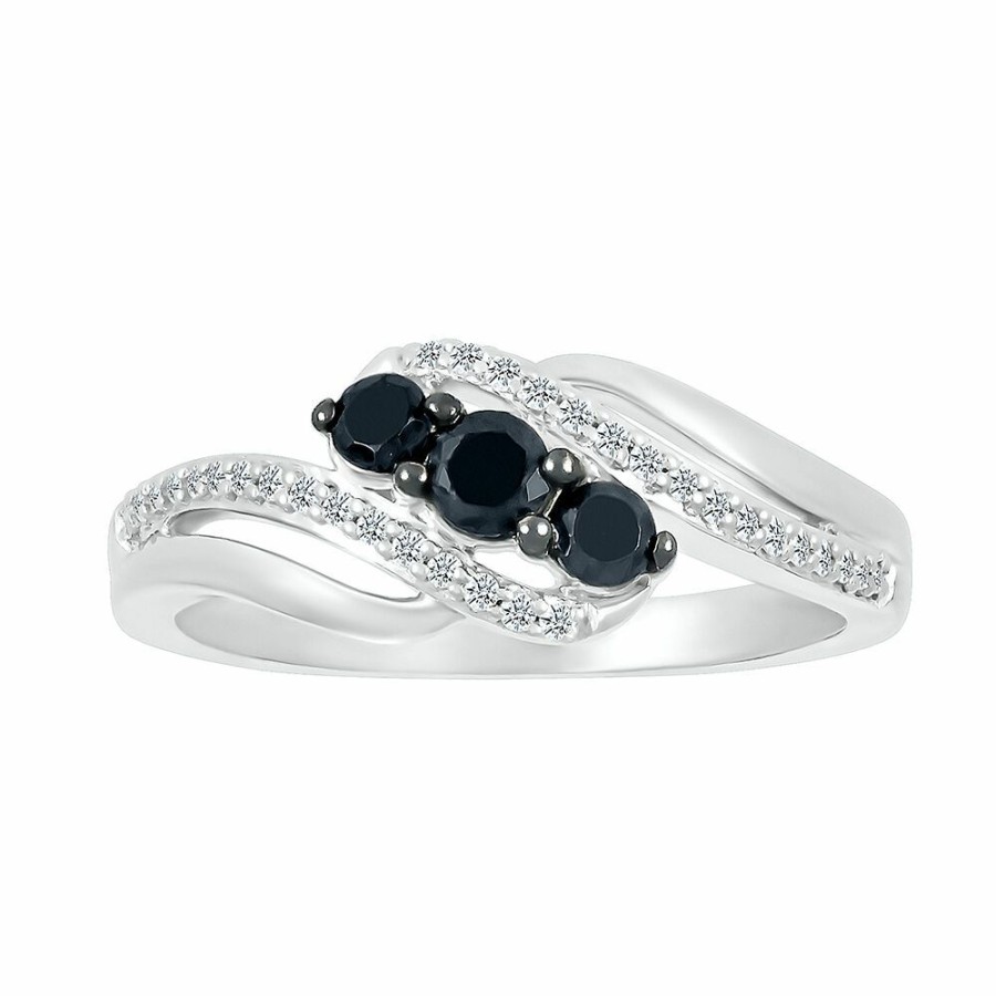 Rings * | Clearance Bypass Diamond Ring With Black Three-Stone Design In Sterling Silver (3/8 Ct. Tw.)