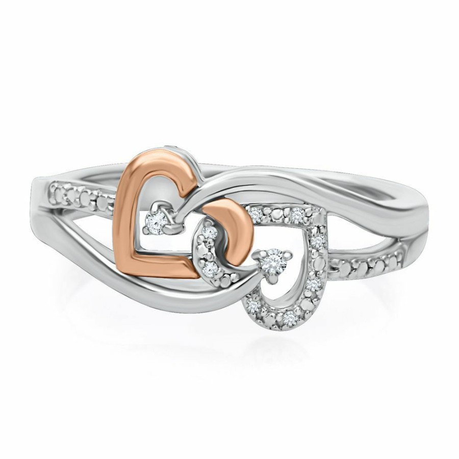 Rings * | Sales Online Diamond Double Heart Promise Ring In Sterling Silver & 10K Rose Gold