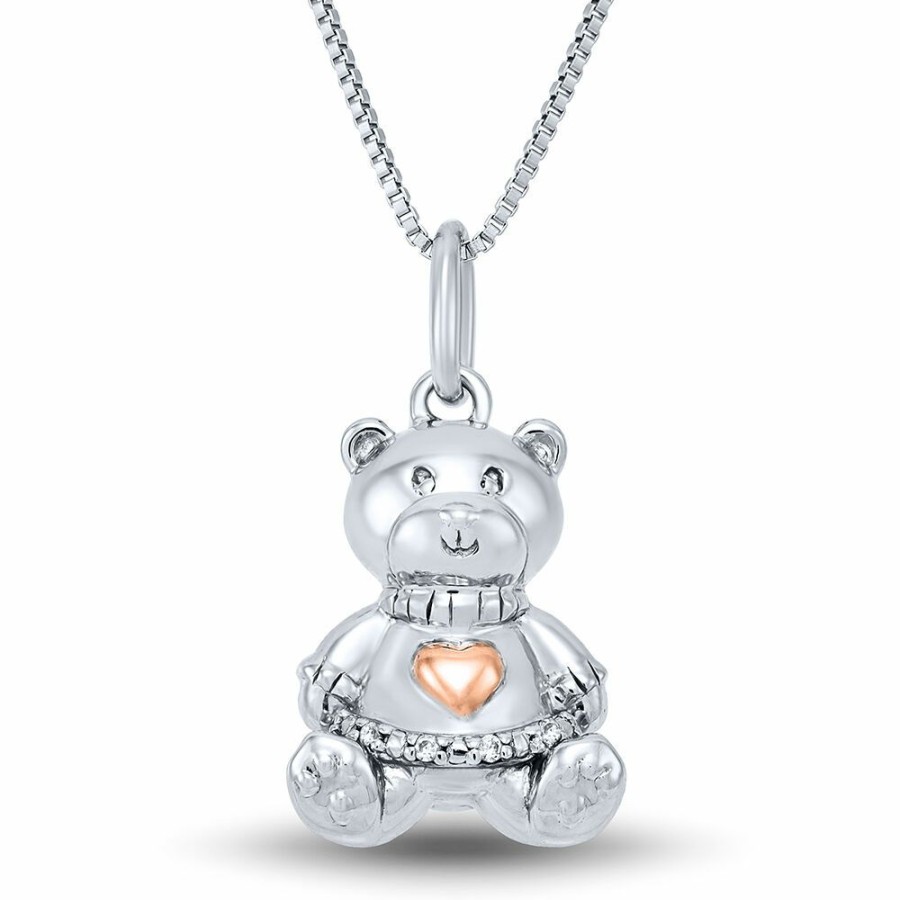 Pendants * | Half Off Teddy Bear Pendant With Diamond Accents In Sterling Silver & 14K Rose Gold