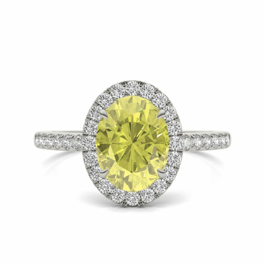 Rings * | Half Off Oval Yellow Moissanite Halo Ring In 14K White Gold