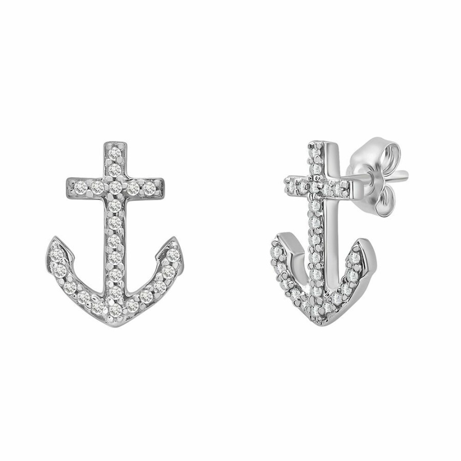 Earrings * | Half Off Diamond Anchor Stud Earrings In 10K White Gold (1/10Ct. Tw.)