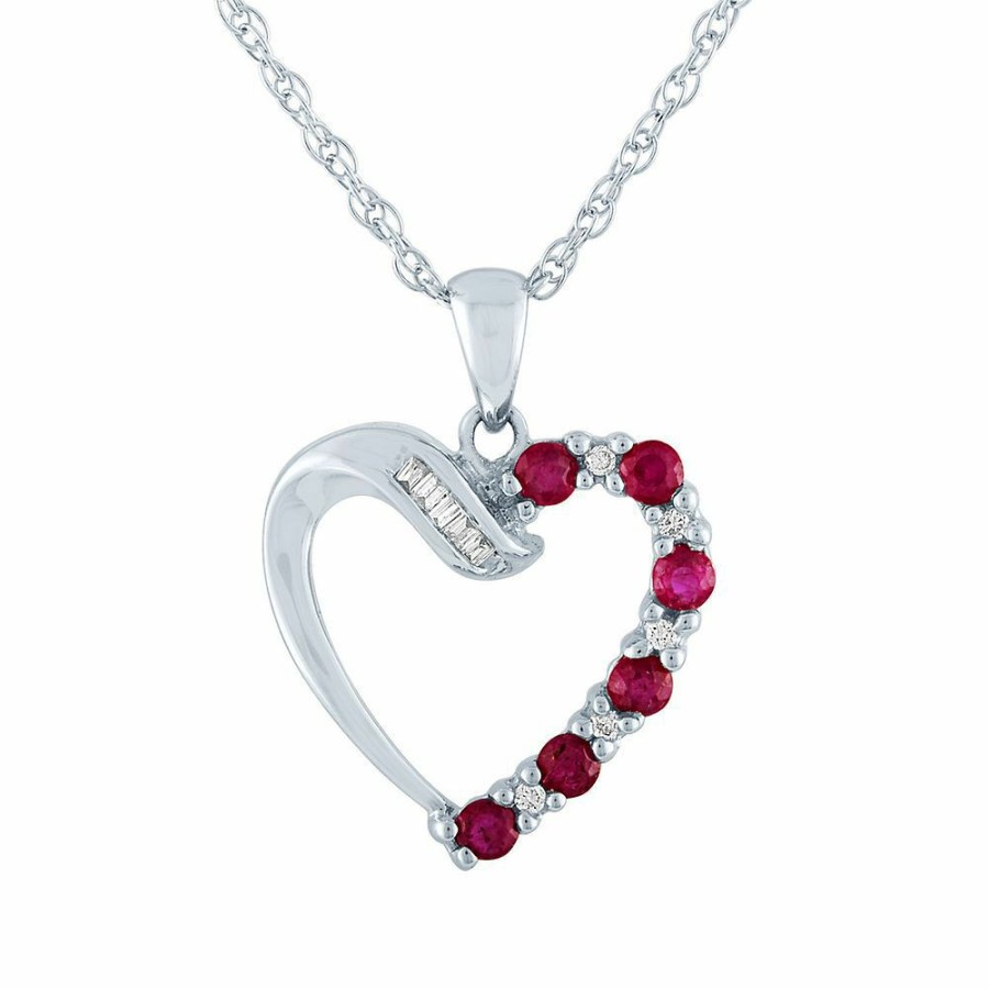 Pendants * | Clearance Sale Ruby & Diamond Heart Pendant In 10K White Gold