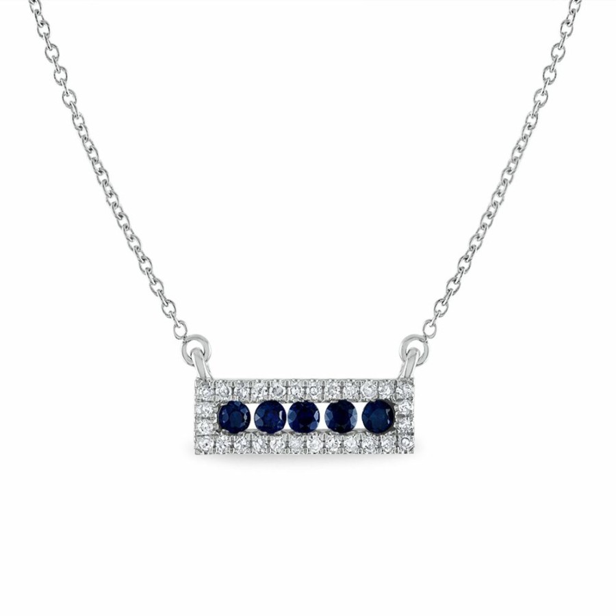 Pendants * | Limit Offer Diamond And Blue Sapphire Bar Pendant In 14K White Gold (1/7 Ct. Tw.)