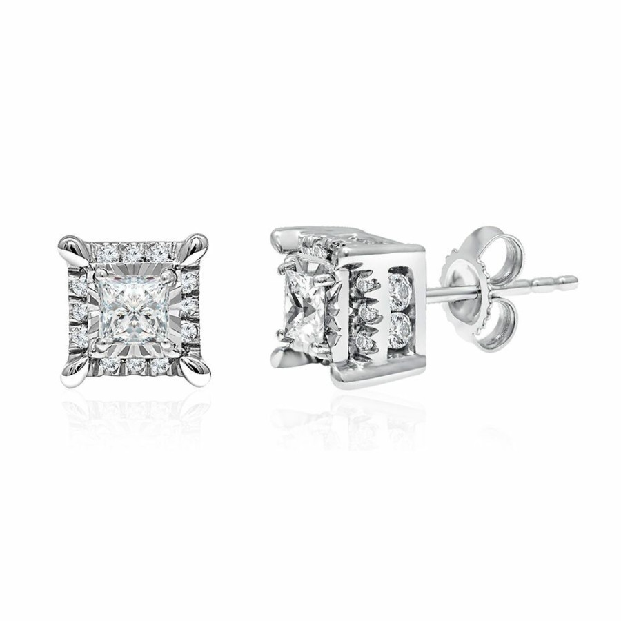 Earrings * | Sales Online Princess-Cut Diamond Halo Stud Earrings In 10K White Gold (1 Ct. Tw.)