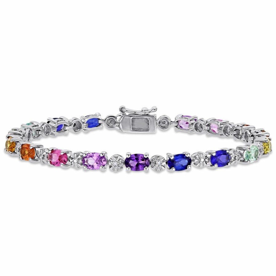 Bracelets * | Limit Offer Multi-Color Lab Created Sapphire Bracelet With Diamond Accents In Sterling Silver