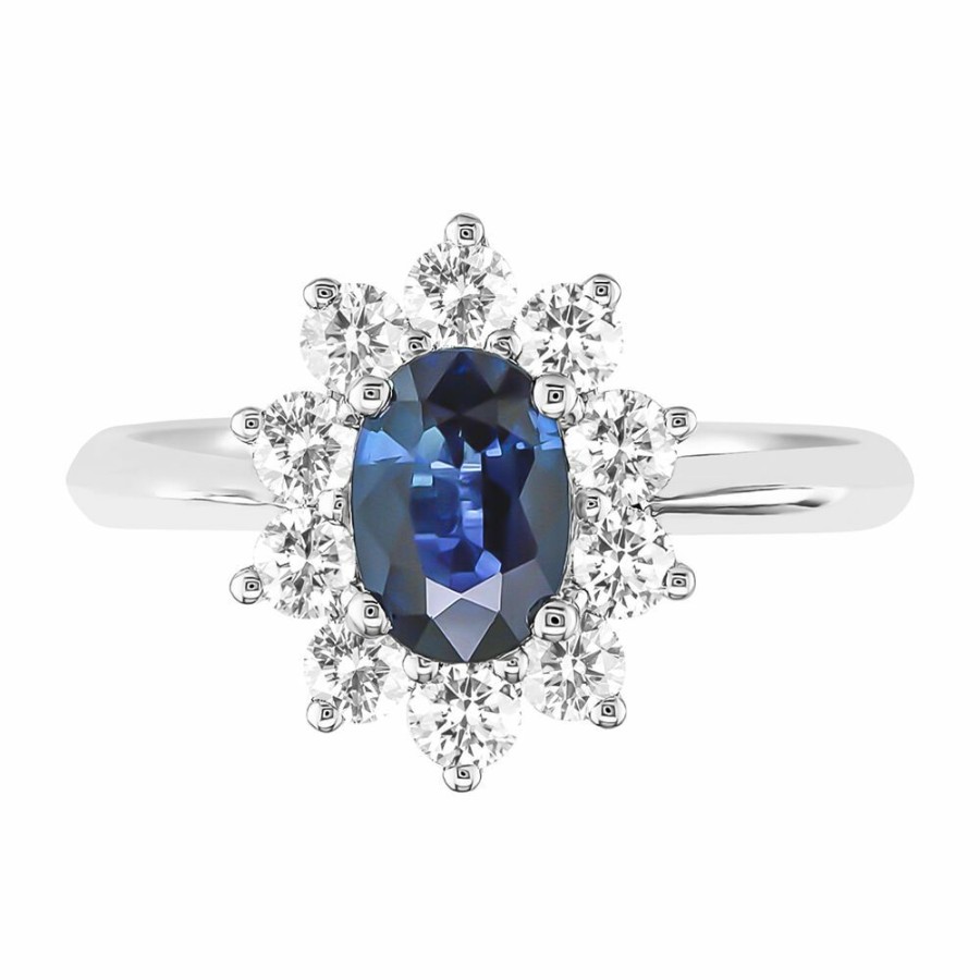 Rings * | Special Offer Oval Blue Sapphire Ring With Diamond Halo In 14K White Gold (5/8 Ct. Tw.)