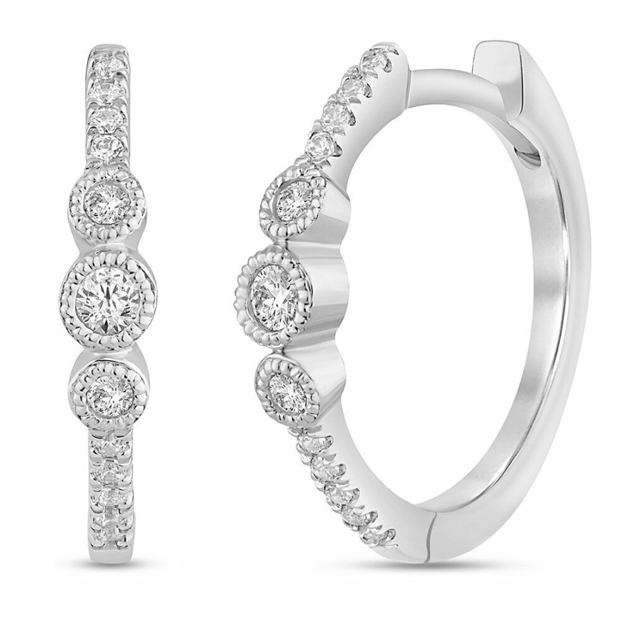 Earrings * | Sales Online Diamond Bezel Huggie Hoop Earrings In 10K White Gold (1/7 Ct. Tw.)