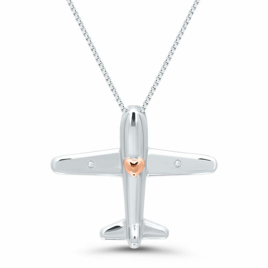 Pendants * | On Sale Diamond Airplane Pendant In Sterling Silver & 14K Rose Gold