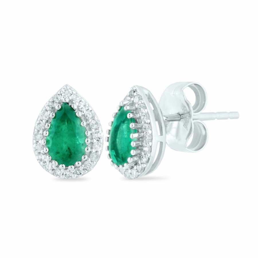 Earrings * | Clearance Sale Pear-Shaped Emerald And Diamond Earrings In 14K White Gold (1/7 Ct. Tw.)