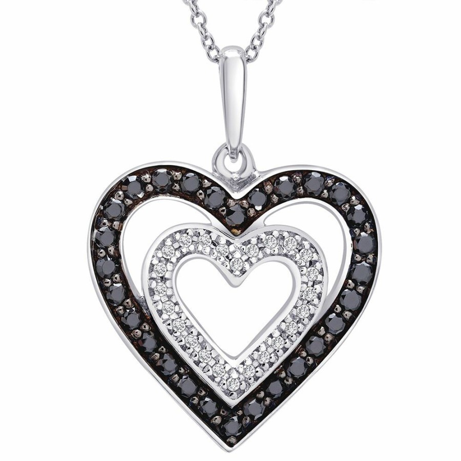 Pendants * | Prefential Price Double Heart Pendant With Black & White Diamonds In Sterling Silver (1/3 Ct. Tw.)