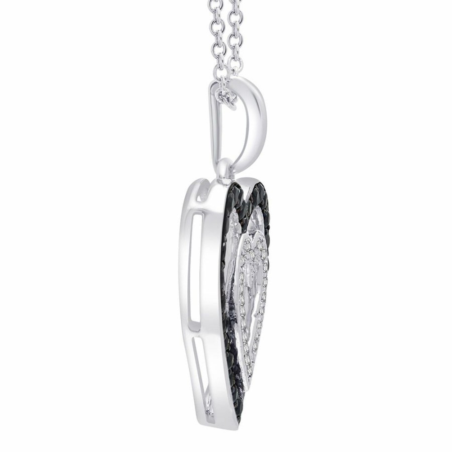 Pendants * | Prefential Price Double Heart Pendant With Black & White Diamonds In Sterling Silver (1/3 Ct. Tw.)