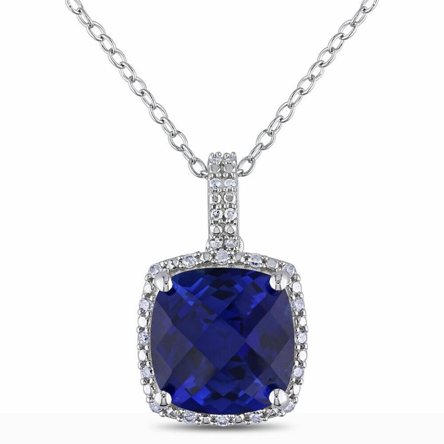 Pendants * | Prefential Price Lab Created Blue Sapphire & Diamond Pendant In Sterling Silver