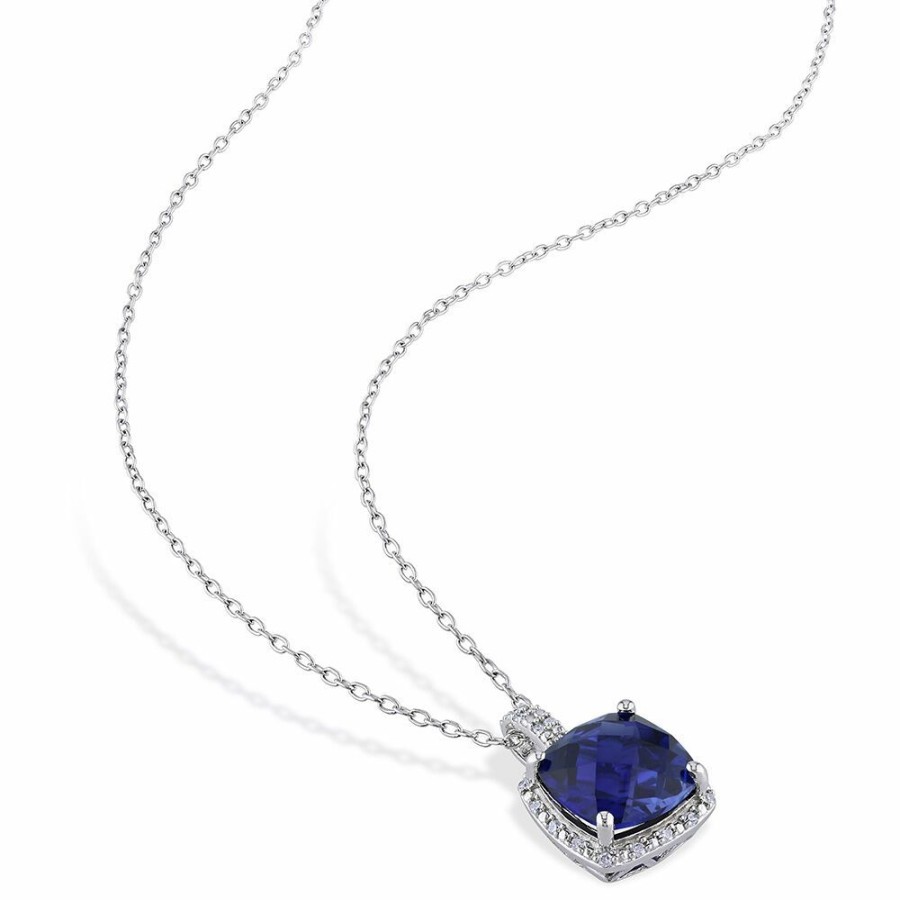 Pendants * | Prefential Price Lab Created Blue Sapphire & Diamond Pendant In Sterling Silver