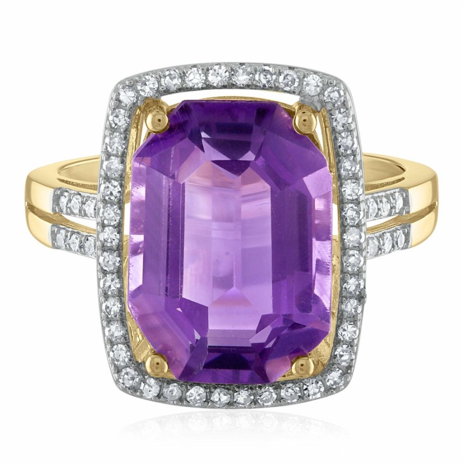 Rings * | Prefential Price Emerald Cut Amethyst & Diamond Ring In 14K Yellow Gold (1/4 Ct. Tw.)