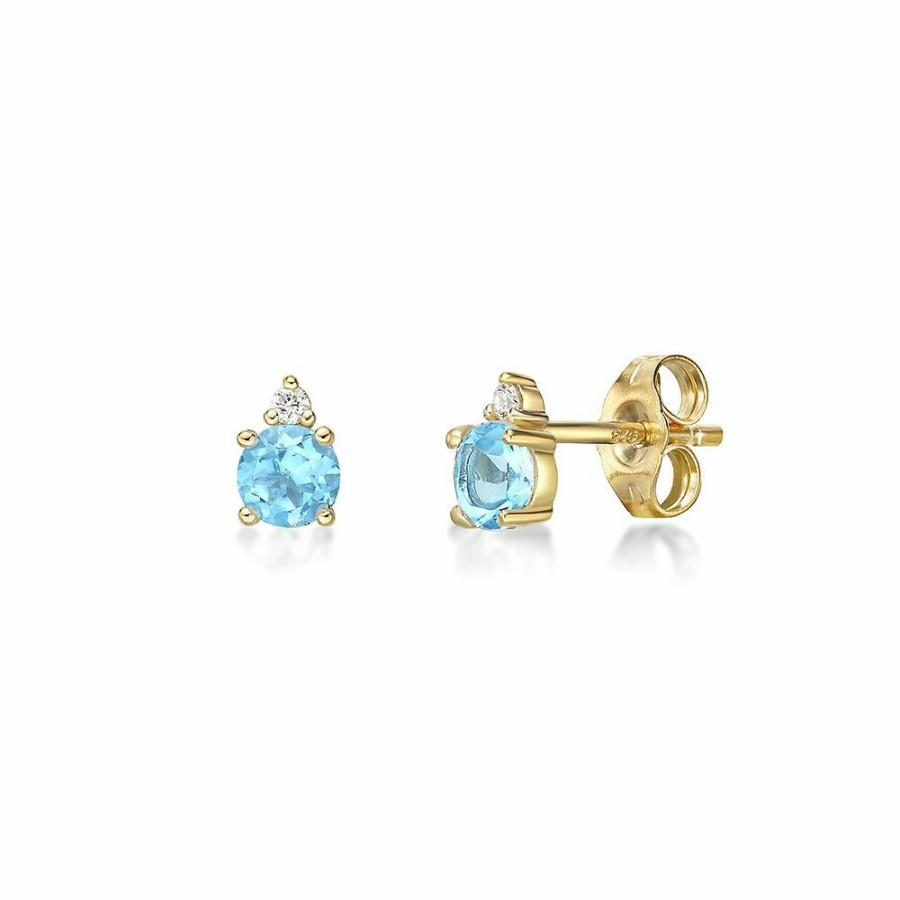 Earrings * | Special Offer Swiss Blue Topaz & Diamond Stud Earrings In 10K Yellow Gold