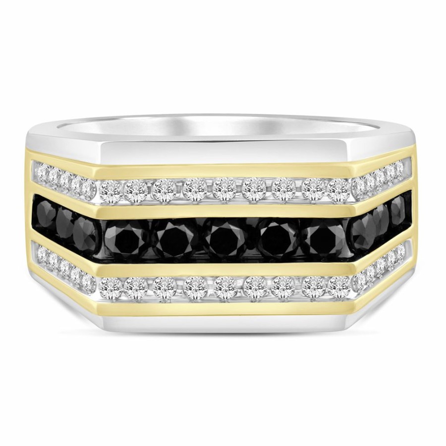 Accessories * | Discount Online Men'S Black And White Diamond Three-Row Ring In 10K White And Yellow Gold (1 1/2 Ct. Tw.)