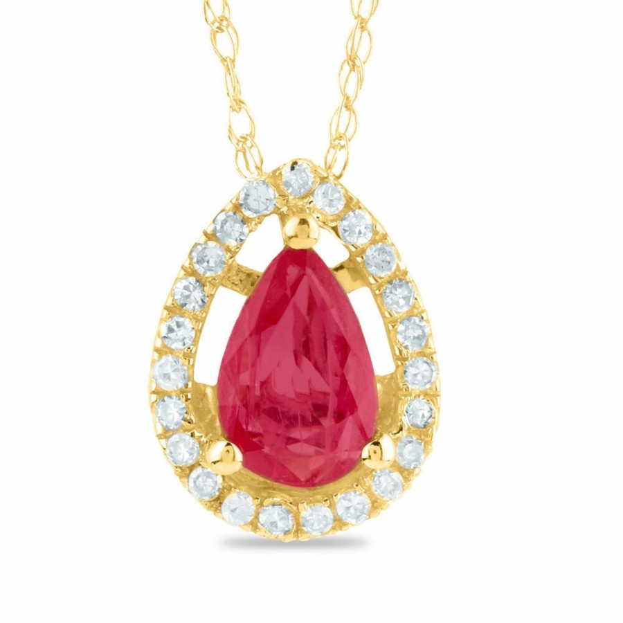 Pendants * | On Sale Pear-Shaped Ruby Pendant With Diamond Accents In 14K Yellow Gold