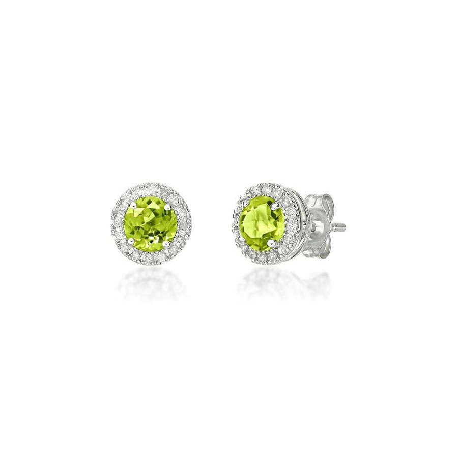 Earrings * | Special Price Peridot & Diamond Halo Stud Earrings In Sterling Silver (1/7 Ct. Tw.)