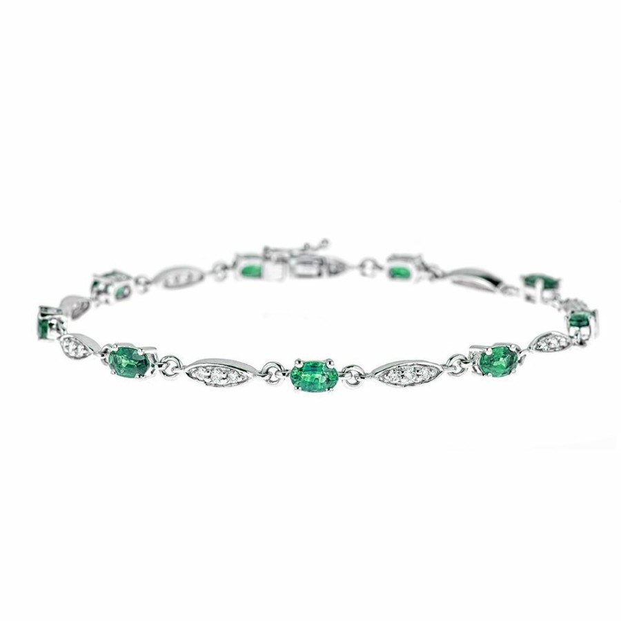 Bracelets * | Special Offer Oval Emerald And Diamond Bracelet In 10K White Gold (1/3 Ct. Tw.)