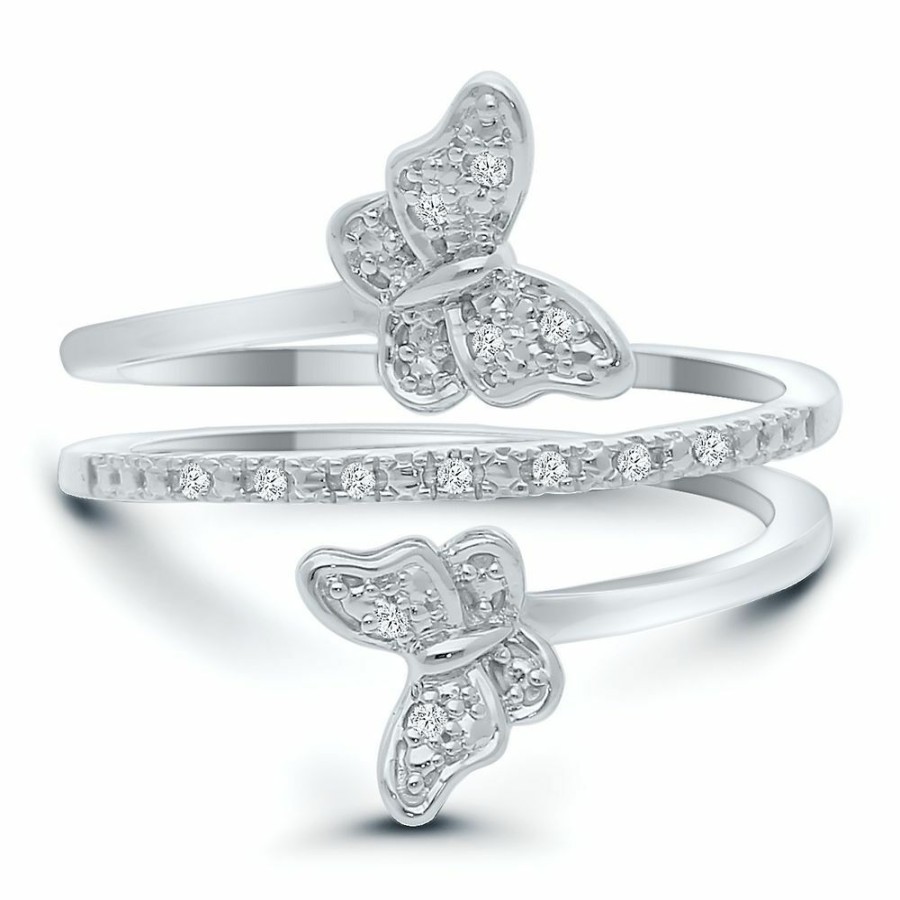 Rings * | Sales Online Double Butterfly Diamond Ring In Sterling Silver