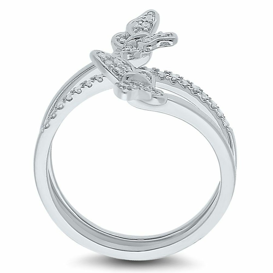 Rings * | Sales Online Double Butterfly Diamond Ring In Sterling Silver