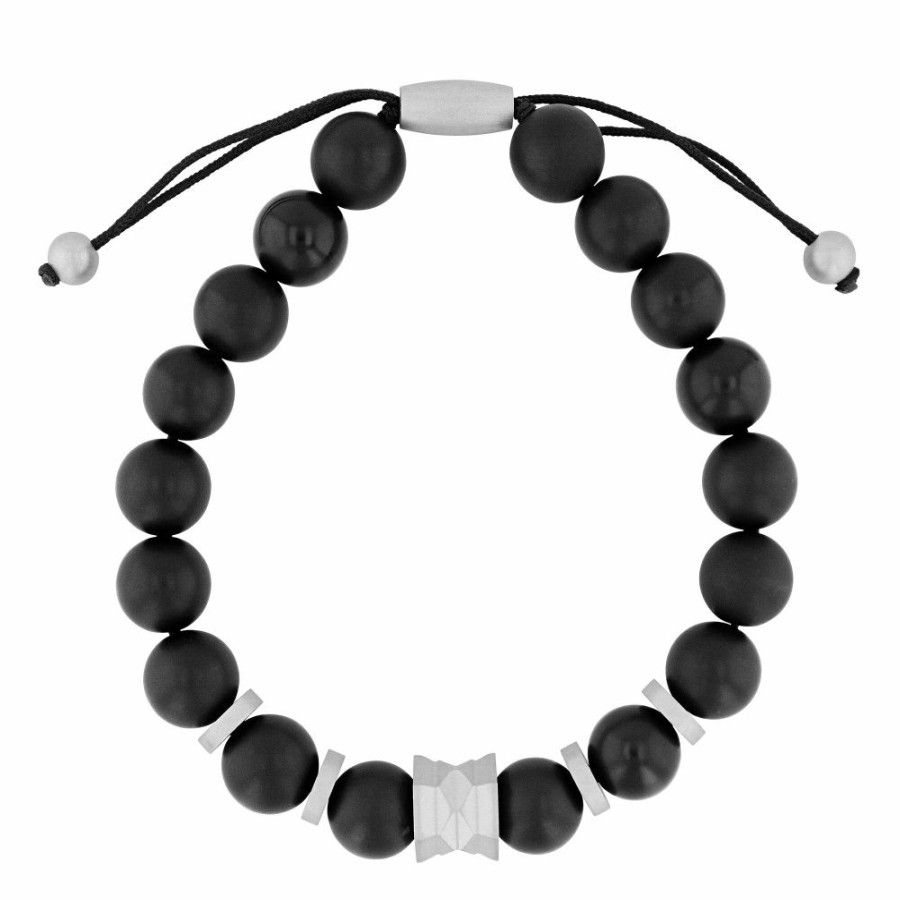 Bracelets * | Special Offer Onyx Bead Bracelet In Gray Stainless Steel