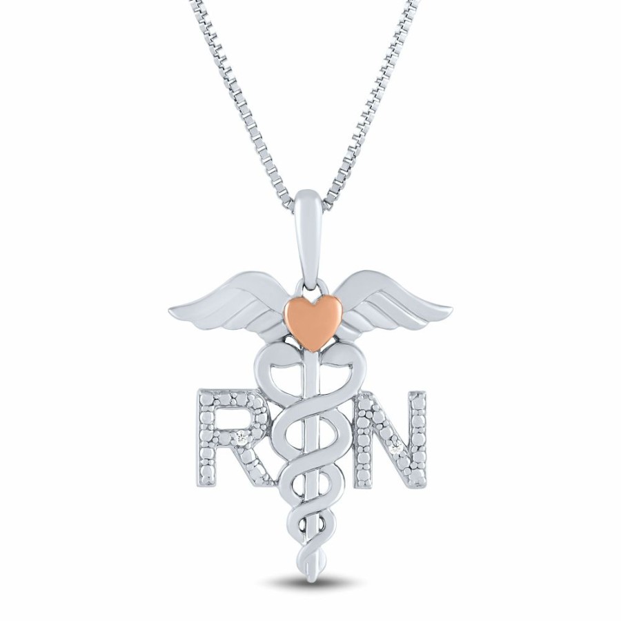 Pendants * | Discount Online Diamond Accent Nurse Caduceus Pendant In Sterling Silver And 14K Rose Gold