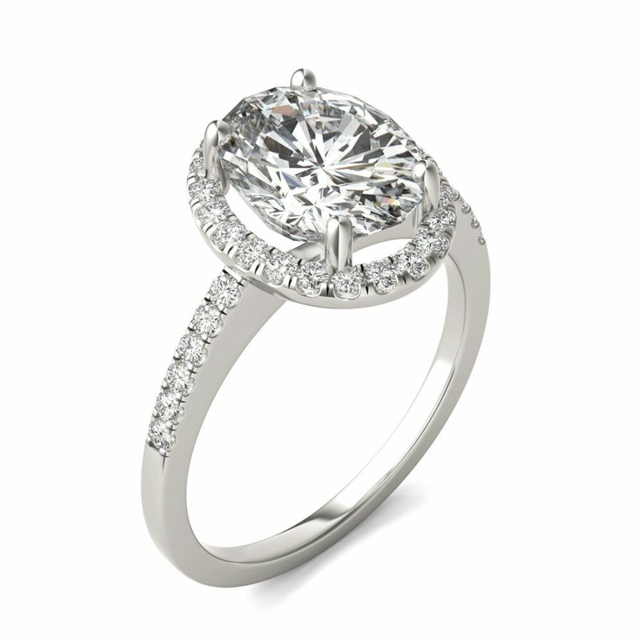 Rings * | On Sale Moissanite Oval Halo Ring In 14K White Gold (3 1/3 Ct. Tw.)