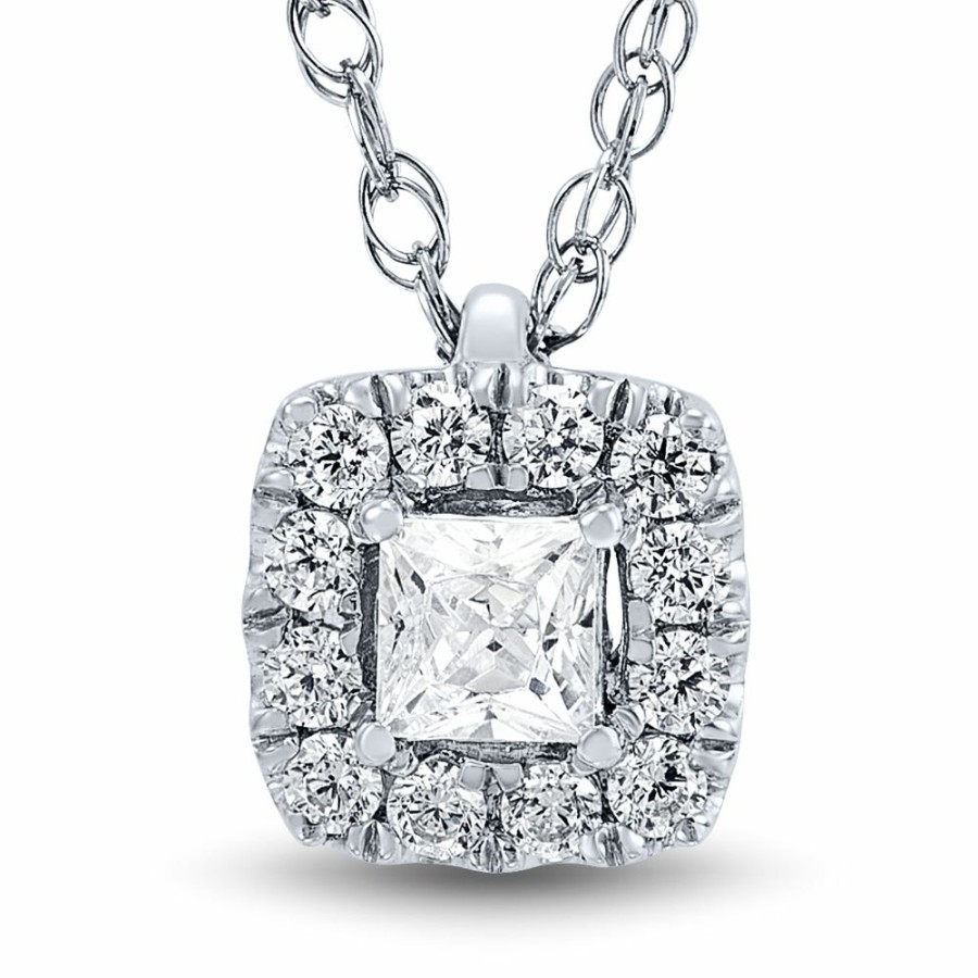 Pendants * | Super Specials Lab Grown Diamond Princess-Cut Halo Pendant In 14K White Gold (3/8 Ct. Tw.)