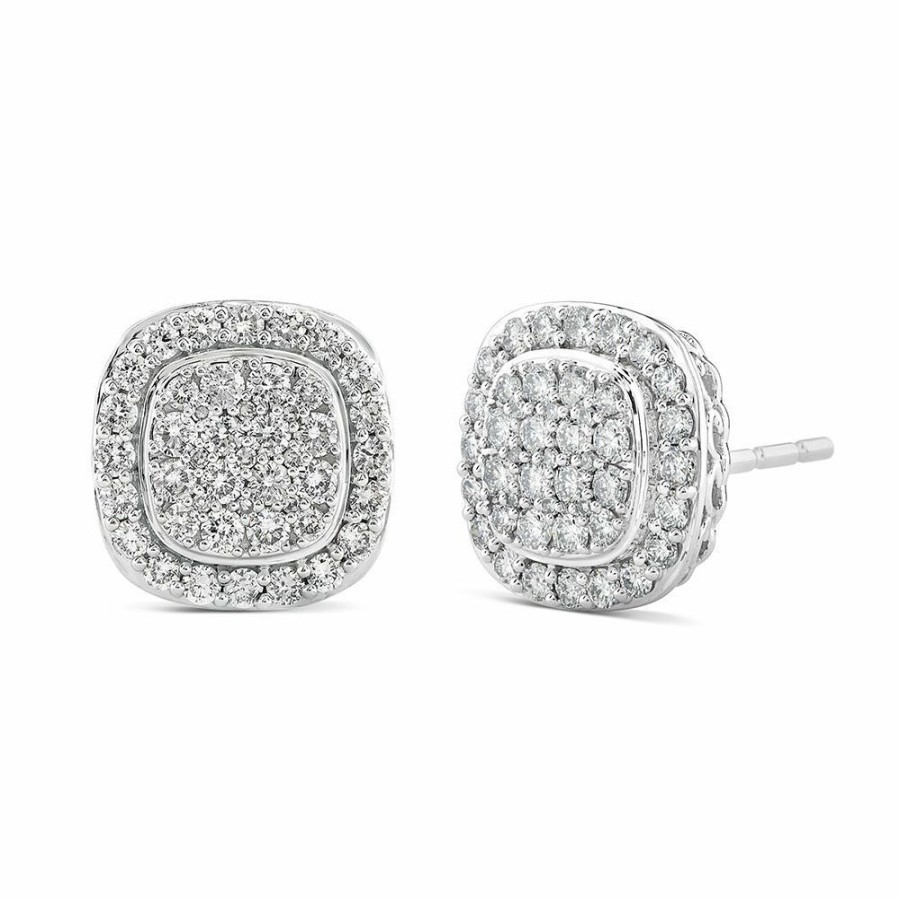 Earrings * | Limit Offer Diamond Cushion Cluster Halo Earrings In 14K White Gold (1 1/2 Ct. Tw.)