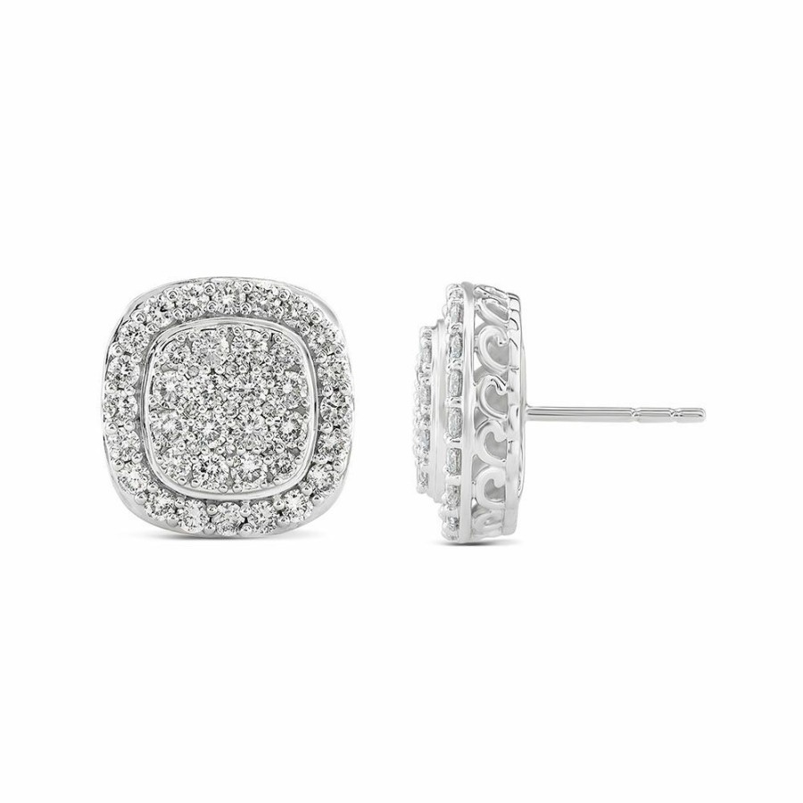 Earrings * | Limit Offer Diamond Cushion Cluster Halo Earrings In 14K White Gold (1 1/2 Ct. Tw.)