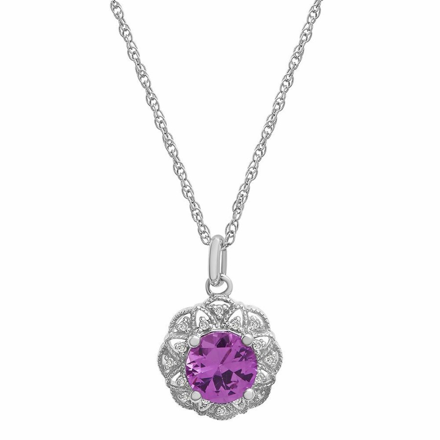 Pendants * | Prefential Price Lab Created Pink Sapphire Pendant With Diamond Halo In Sterling Silver