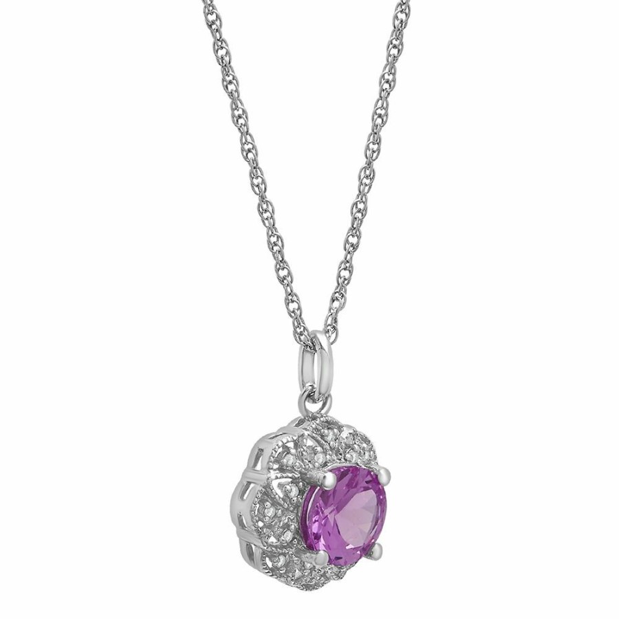 Pendants * | Prefential Price Lab Created Pink Sapphire Pendant With Diamond Halo In Sterling Silver