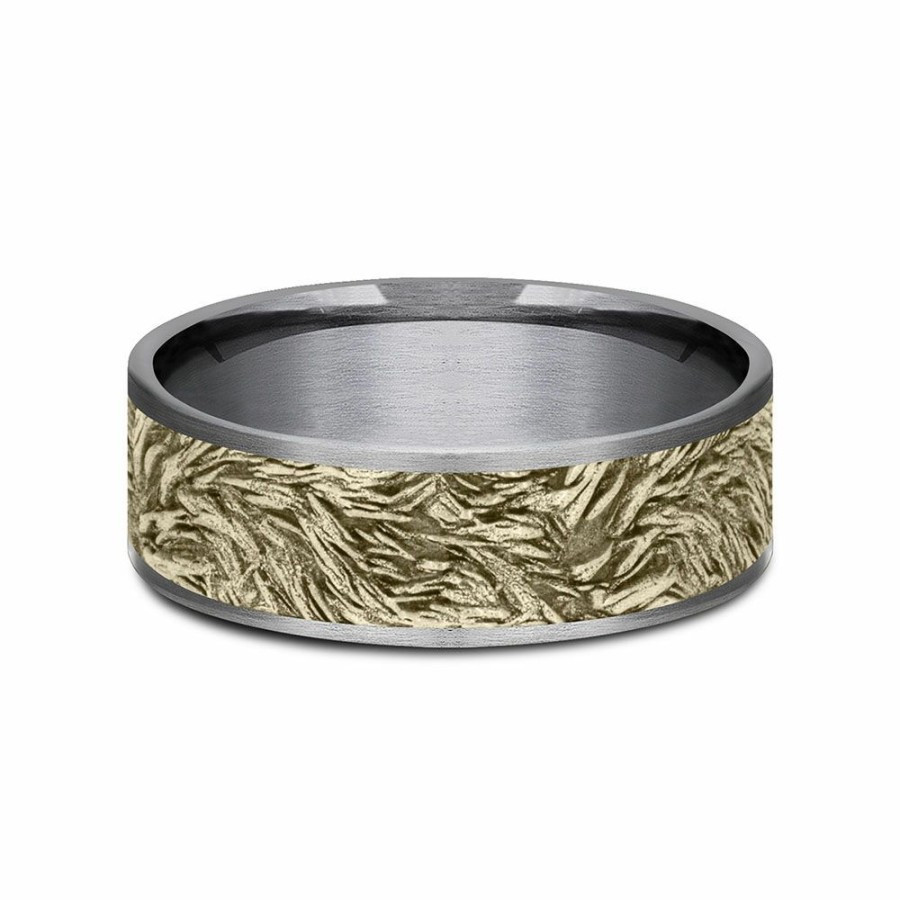 Accessories * | Half Off Men'S Tantalum Wedding Band With Lion'S Mane Detail And 14K Yellow Gold, 7.5Mm