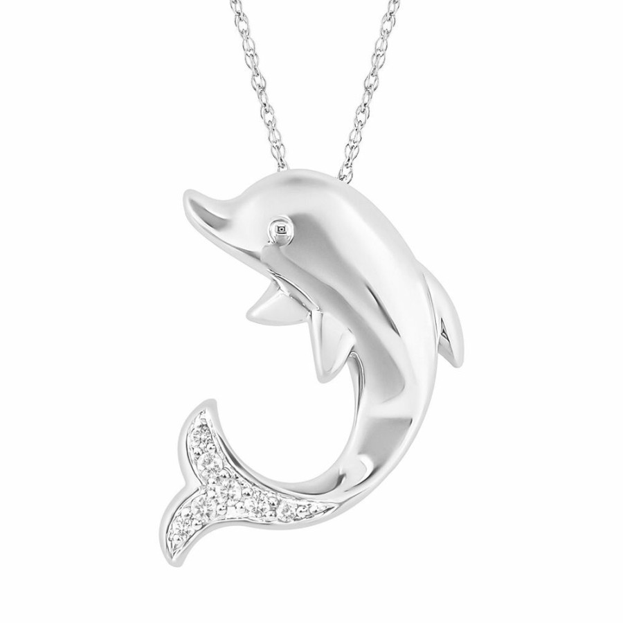 Pendants * | Half Off Dolphin Pendant With Diamond Accents In 10K White Gold