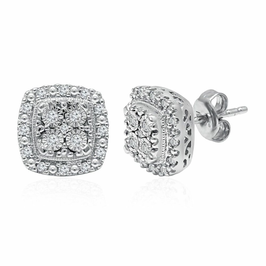 Earrings * | Sales Online Cushion-Shaped Diamond Stud Earrings With Halo In Sterling Silver (1/4 Ct. Tw.)