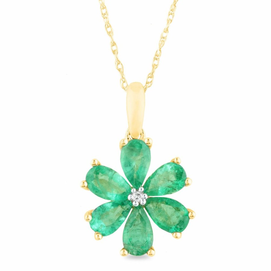 Pendants * | Special Price Emerald And Diamond Accent Flower Pendant In 10K Yellow Gold