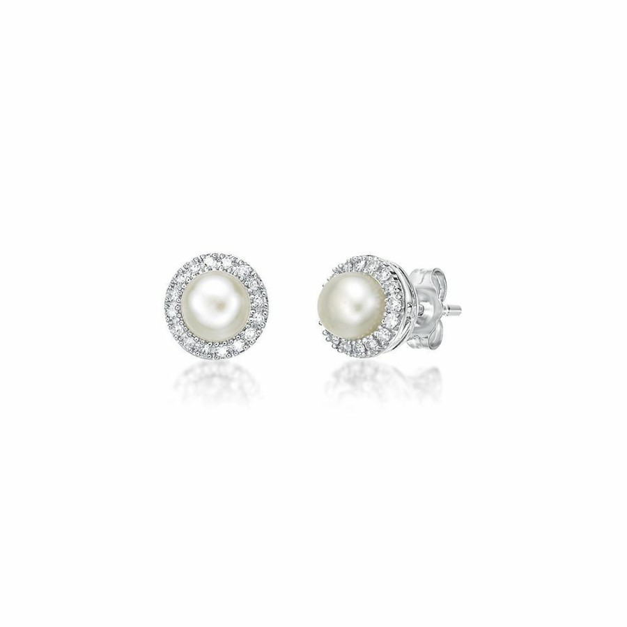 Earrings * | Sales Online Freshwater Cultured Pearl & 1/7 Ct. Tw. Diamond Earrings In Sterling Silver