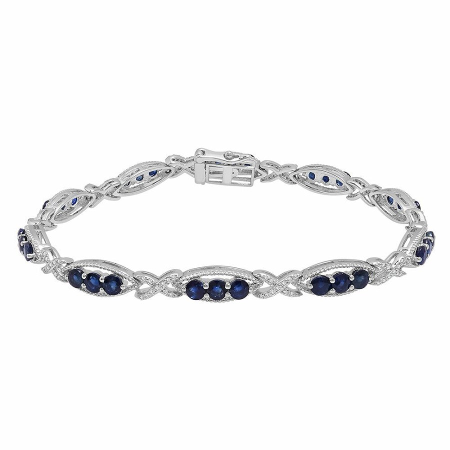 Bracelets * | Clearance Blue Sapphire & Diamond Bracelet In Sterling Silver (1/4 Ct. Tw.)