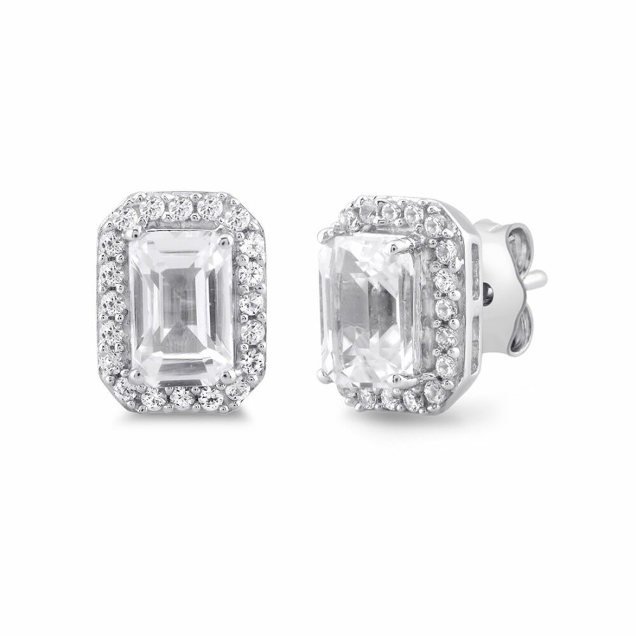 Earrings * | Sales Online Emerald-Cut Lab Created White Sapphire Halo Earrings In Sterling Silver