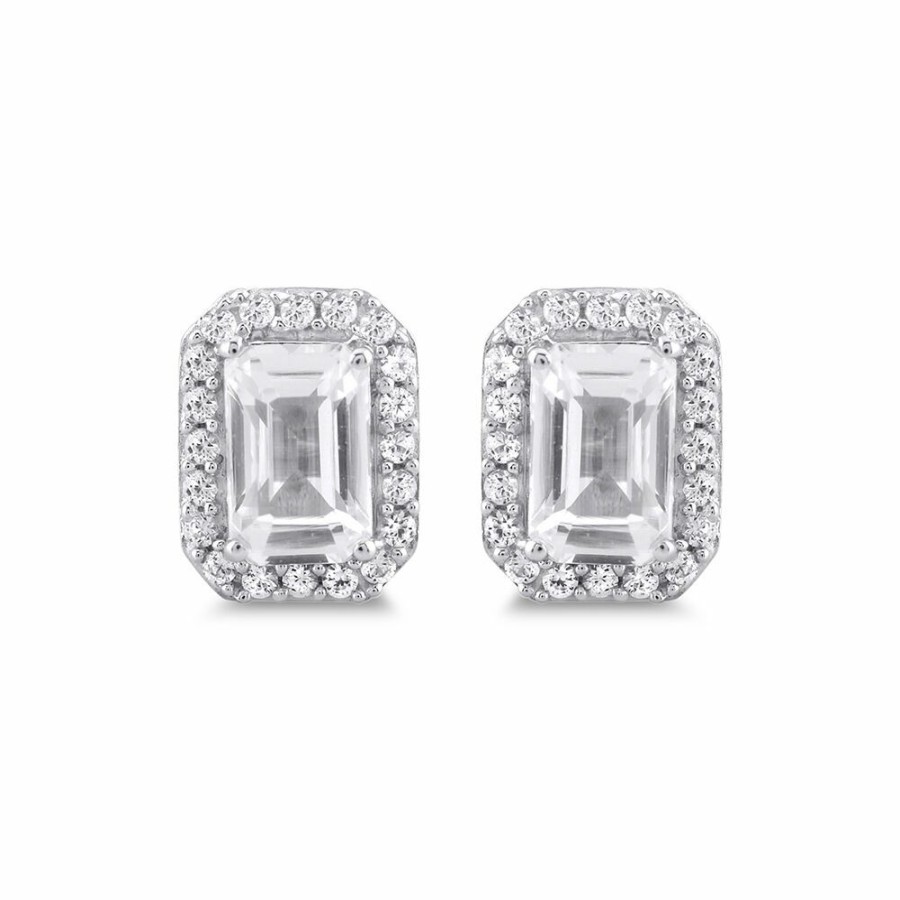 Earrings * | Sales Online Emerald-Cut Lab Created White Sapphire Halo Earrings In Sterling Silver